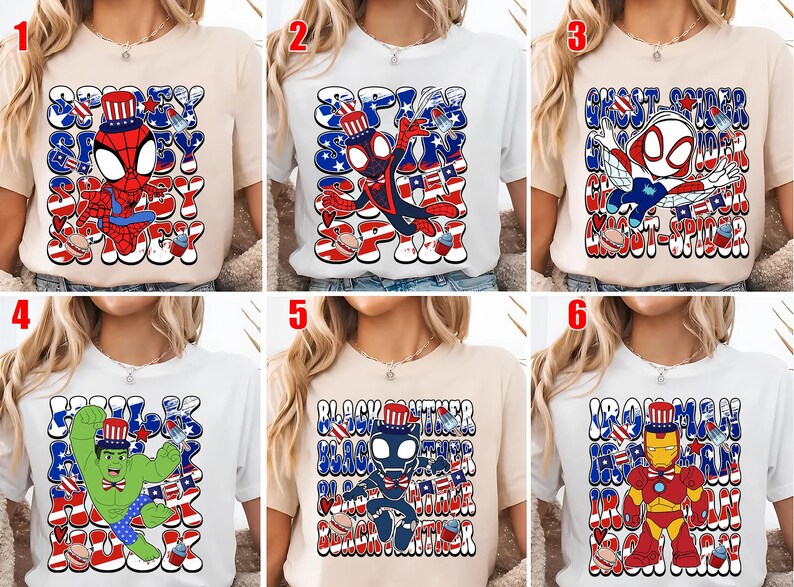 K&ouml;nnte beinhalten: Sechs T-Shirts mit Superhelden-Designs, jedes mit einem anderen Charakter wie Spider-Man, Ghost-Spider, Hulk, Black Panther und Iron Man. Die Designs enthalten patriotische Elemente und Text, mit einem rot-wei&szlig;-blauen Farbschema.