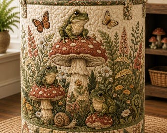 Quilted Laundry Bag Frog Mushroom Decor, Woodland Cottagecore Storage Basket, Forest Animal Hamper, Nature Lover Gift ORD-3TI12