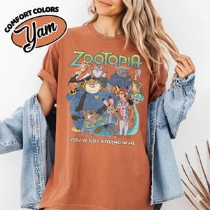 May include: A rust-colored t-shirt featuring a graphic of characters from the animated film "Zootopia." The design includes the film's title in green and blue, along with the phrase "You've Got a Friend in Me."