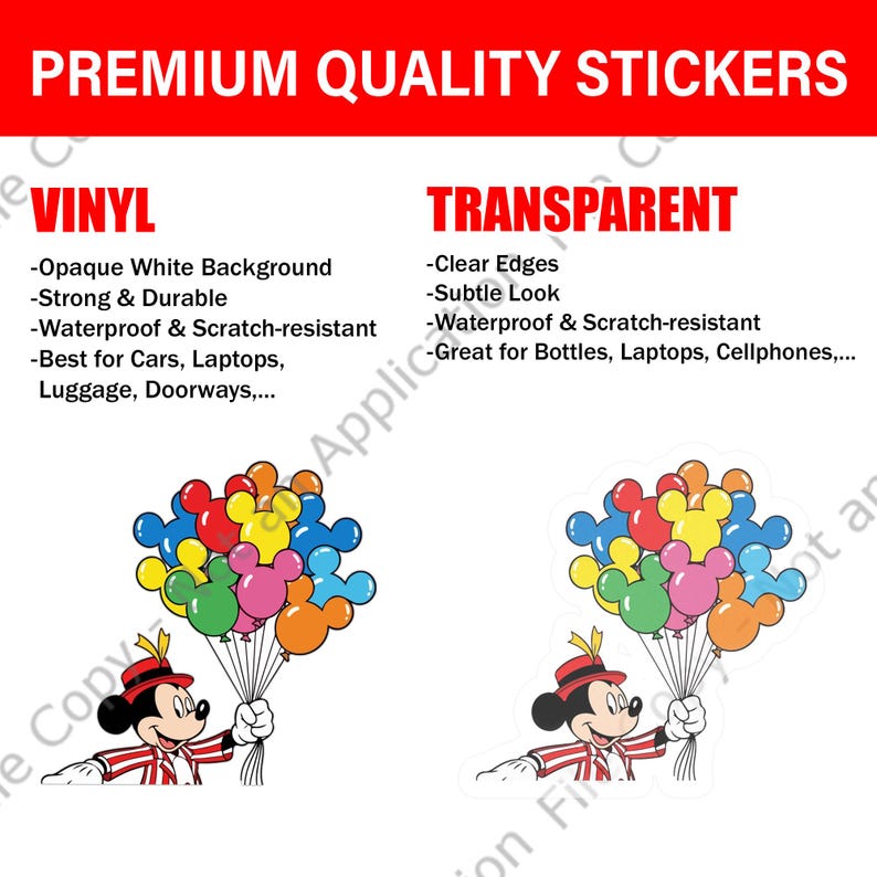 May include: Image of stickers with the text "PREMIUM QUALITY STICKERS". The image shows two sticker options: vinyl with an opaque white background and transparent with clear edges. Both options are waterproof and scratch-resistant. The image also shows a cartoon character holding balloons.
