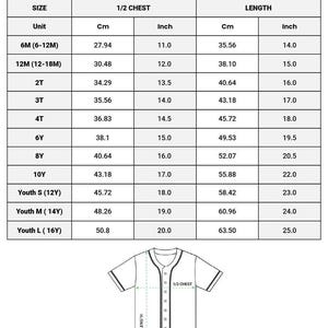 May include: A chart detailing youth baseball jersey sizes, including chest and length measurements in inches and centimeters. Sizes range from 6 months to Youth Large (16Y). The image also includes a diagram of the jersey.