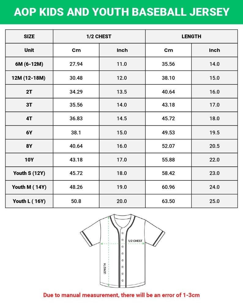 May include: A chart detailing youth baseball jersey sizes, including chest and length measurements in inches and centimeters. Sizes range from 6 months to Youth Large (16Y). The image also includes a diagram of the jersey.