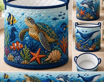 Turtle Quilted Laundry Basket, Ocean Animal Hamper, Sea Turtle Storage Basket, Kids Nursery Organizer, Dolphin Whale Bin ARD-KFZ29