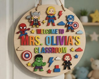 Letrero de madera de Marvel Avengers con nombre, decoración para habitación infantil de Spider-Man, Iron Man y Capitán América, placa personalizada para puerta de guardería de superhéroes AYFC22