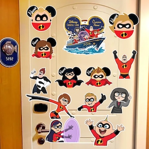 May include: A collection of colorful stickers featuring characters from The Incredibles, including Mr. Incredible, Elastigirl, and Jack-Jack. Some stickers have a Mickey Mouse ear design and the text "Name". A Disney Cruise Line sticker is also present.