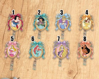 Disney Princess Badge Reel, Snow White Jasmine Cinderella Belle Aurora Ariel Rapunzel Moana Badge Holder,  Belle Badge Reel  AYFJ02