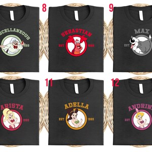 Puede incluir: Camisetas negras con dise&ntilde;os de personajes de dibujos animados. Cada camiseta presenta el nombre de un personaje y "EST. 1989" en un dise&ntilde;o circular. Los personajes incluyen un chef, un cangrejo, un perro y sirenas.