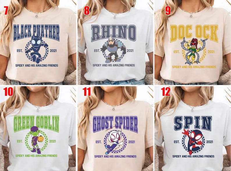 May include: Collection of t-shirts featuring various characters from a comic book series. Each shirt displays a character's name in bold letters, along with an image of the character and the text "Spidey and His Amazing Friends".