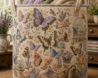 Quilted Laundry Bag Butterfly Garden Decor, Floral Storage Basket, Cottagecore Hamper, Lavender Wildflower Organizer ORD-3TI09