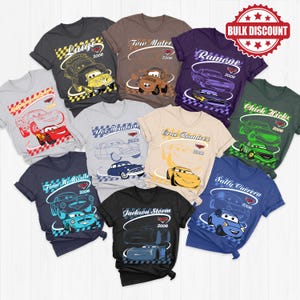 May include: A collection of ten short-sleeved t-shirts featuring various characters from the movie Cars, including Lightning McQueen, Tow Mater, Ramone, Chick Hicks, Doc Hudson, Cruz Ramirez, Finn McMissile, Sally Carrera, and Jackson Storm.