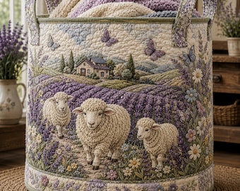 Quilted Laundry Bag Lavender Sheep Farm Decor, Cottagecore Storage Basket, Rustic Floral Hamper, Country Farm Gift ORD-3TI10