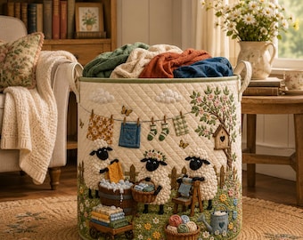 Sheep Quilted Laundry Basket, Farmhouse Storage Bin, Cottagecore Sheep Decor, Floral Organizer Hamper, Lamb Lover Gift ARD-OFZ10