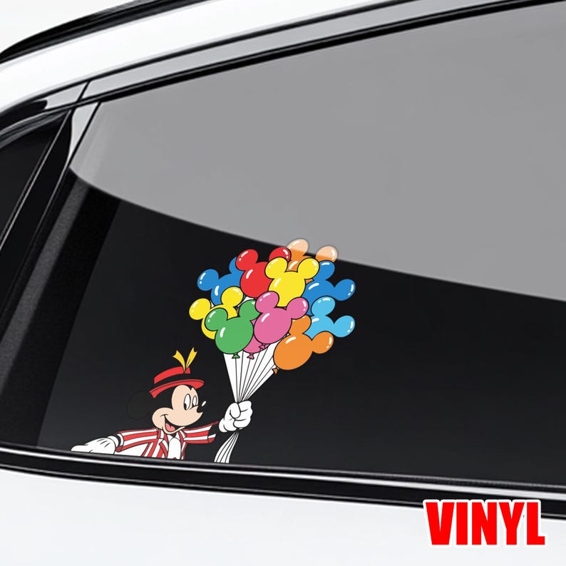 May include: A colorful vinyl decal featuring Mickey Mouse holding a bouquet of Mickey Mouse-shaped balloons. Mickey is dressed in a red and white striped jacket and a red hat. The balloons are various colors, including red, yellow, green, blue, pink, and orange. The word "VINYL" is in red.