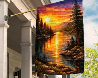 Sunset Lake Forest Garden Flag, Mountain River Landscape Yard Flag, Stained Glass Art Nature Outdoor Decor UOX506-9