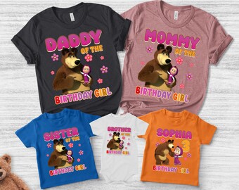 Personalized Masha and Bear Birthday Shirt, Custom Masha Cartoon shirt, Masha and The Bear Family Shirt, Birthday girl shirt AXHU11