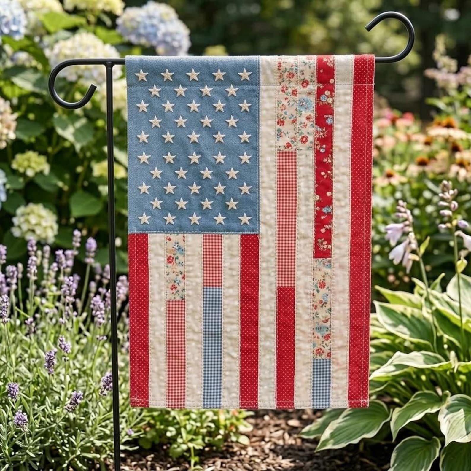4th Of July Flag, Faux Patchwork Quilt Style Flag, Patriotic Flag, Red White And Blue Flag, 4th Of July Garden Flag, Printed Flag AYCM21 - 12x18 inch