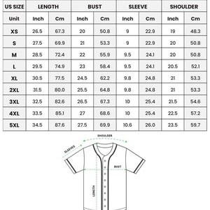 May include: A chart detailing the measurements of an all-over print unisex baseball jersey. The chart includes US sizes, length in inches and centimeters, bust in inches and centimeters, sleeve in inches and centimeters, and shoulder in inches and centimeters.