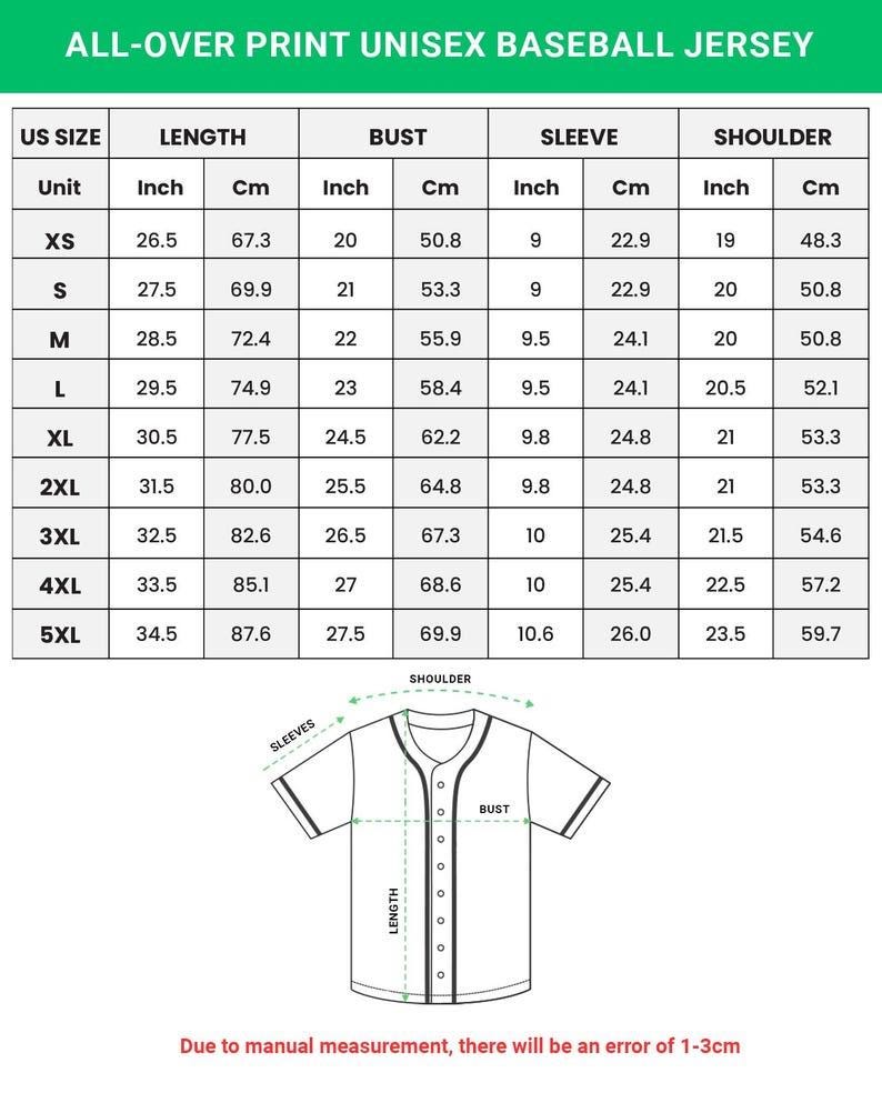 May include: A chart detailing the measurements of an all-over print unisex baseball jersey. The chart includes US sizes, length in inches and centimeters, bust in inches and centimeters, sleeve in inches and centimeters, and shoulder in inches and centimeters.