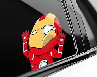 Pegatina de Iron Man asomándose – Divertida pegatina para ventana de coche – Pegatina de vinilo impermeable de superhéroes de Marvel - Pack de pegatinas UNYZSK03