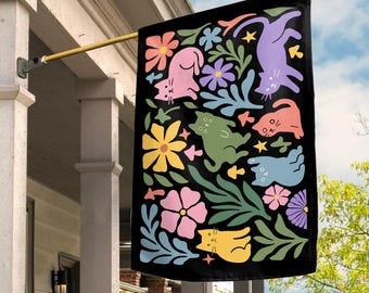 Subtle Floral Cat Garden Flag, Inclusive Yard Decor, Whimsical Cat Welcome Sign, Minimalist Outdoor Flag, Cat Lover Gift Idea UNYZ20