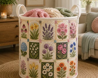 Patchwork Floral Quilted Laundry Basket, Botanical Garden Bin, Vintage Flower Grid Nursery Hamper, Cottagecore Aesthetic Storage SRD-WXM45