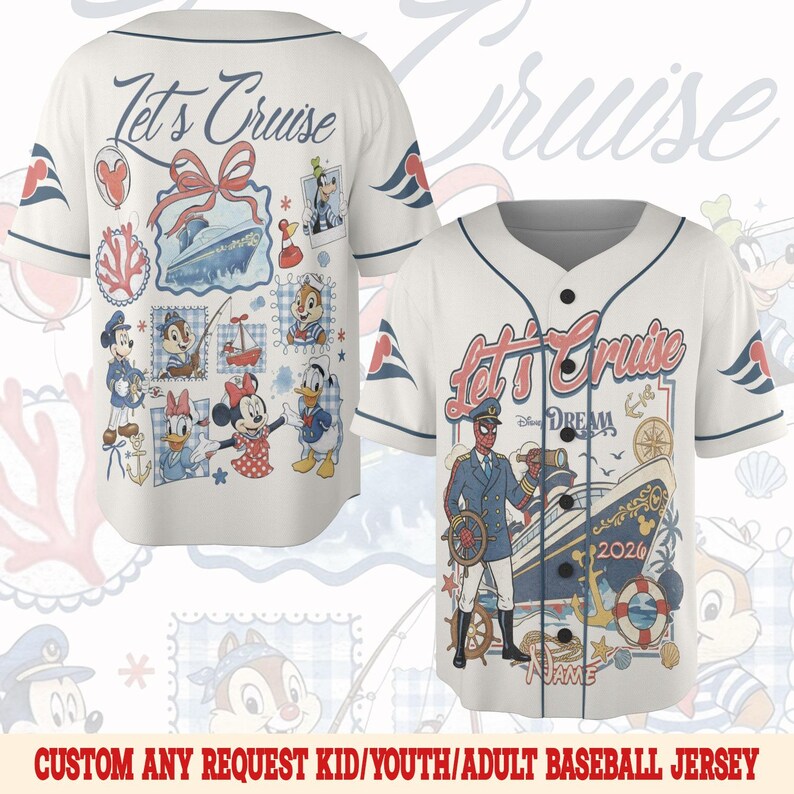 May include: White baseball jersey with navy blue trim and short sleeves. The front features a cruise ship graphic and the text "Let's Cruise". The back has various cartoon characters and the same text. The jersey is a kid/youth/adult size.