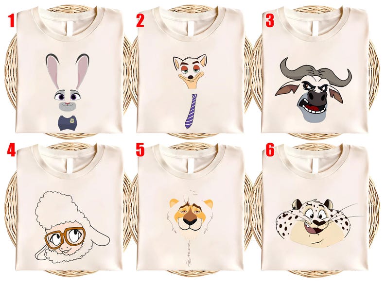 May include: Six cream-colored t-shirts, each featuring a different cartoon character from the movie "Zootopia." The designs include Judy Hopps, Nick Wilde, Chief Bogo, a sheep, a lion, and a leopard.