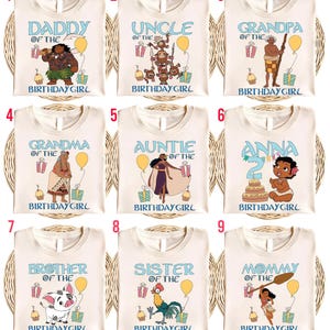 May include: Nine cream-colored t-shirts with various family member titles and character graphics. Each shirt has a different design, including "Daddy," "Uncle," "Grandpa," "Grandma," "Auntie," "Anna," "Brother," "Sister," and "Mommy." Each shirt also has the text "Birthday Girl."