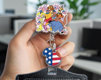 Winnie the Pooh 4th of July Badge Reel, Patriotic Bear ID Holder, USA Independence Day Cute Nurse Teacher Gift UOWP06