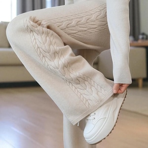 Merinowolle Strickhose : Weiche Winter Lounge Hose mit weitem Bein