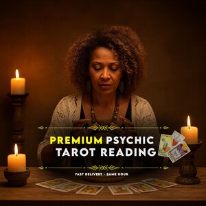 May include: An image promoting a premium psychic tarot reading. A woman with curly hair sits at a wooden table with tarot cards and lit candles. The text "PREMIUM PSYCHIC TAROT READING" is displayed in gold.