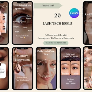 20 Lash Tech Instagram Reel Templates, Lash Extension Social Media Reel Covers, Lash Templates, Lash Tech, Editable Neutral Canva reels