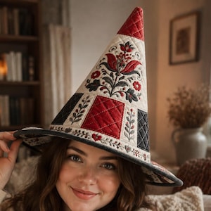 Vintage Style Quilted Witch Hat Folk Pattern, Boho Halloween Costume, Gift for Pagan, Embroidered Floral Hat, Patchwork Fabric Headpiece