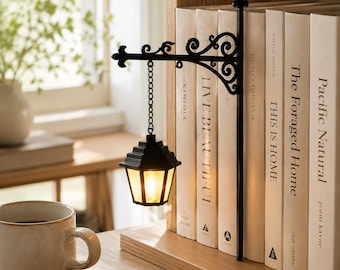 Hanging Library Bookshelf Lamp, Victorian Scrollwork Bracket with Ghost or Lantern Light, Gothic Home Decor, Bookish Night Light for Reader