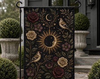 Gothic Celestial Sun and Moon Garden Flag, Dark Floral Yard Decor with Birds and Roses, Witchy Outdoor Banner, Moody Dark Academia Gift