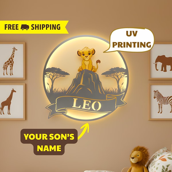 Personalized Lion King LED Night Light, Custom Name Simba Sign, Nursery Wall Decor for Boys, Girls, Baby Shower Gift, Pride Rock Lamp