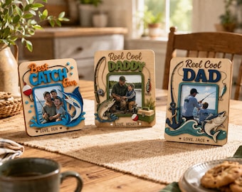 Personalized Fishing Magnet for Dad, Custom Photo Wooden Fridge Frame, Reel Cool Dad Gift, Father's Day Picture Magnet, Best Catch Ever Gift