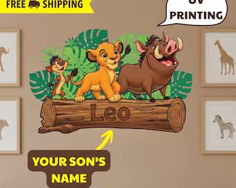 Hakuna Matata Kids Room Sign, Personalized Simba, Timon, Pumbaa Decor, Custom Name Metal Wall Art, Birthday Gift for Boy, Girl
