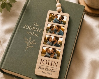 Photo Bookmark for Dad, Custom Wooden Bookmark with 4 Photos, Engraved Best Dad Ever Gift, Grandpa Birthday Gift, Book Lover Gift