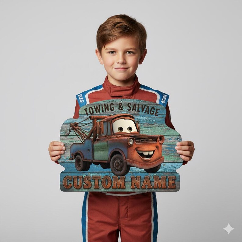 Puede incluir: Un letrero de madera con el personaje animado Mater de la pel&iacute;cula Cars. El letrero tiene un fondo de madera envejecida azul y marr&oacute;n con las palabras "Towing & Salvage" y "Custom Name" impresas. El personaje est&aacute; sonriendo.