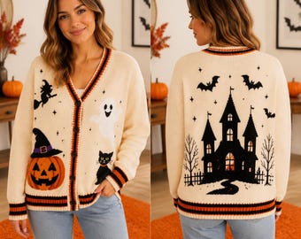 Cute Ghost Halloween Cardigan, Teacher Halloween Gift, Spooky Fall Festival Outfit, Knitted Pumpkin Cat Sweater, Button Front, Cozy Knitwear