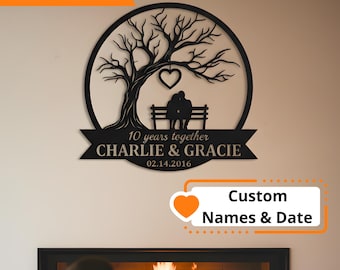 Regalo de aniversario personalizado para pareja, personalizado para 10, 20 y 50 años juntos, arte de pared de metal, regalo de boda para esposo o esposa, letrero con apellido.
