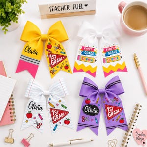 Personalized 1st 2nd 3rd Grade School Bow Custom Name Pennant Flag Hair Tie Pencil Apple Crayon Notebook Paper Pattern Back to School Decor
