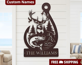 Personalized Deer & Fish Metal Wall Sign, Family Name Outdoor Decor, Rustic Wildlife Art, Hunting Wall Art , Cabin Metal Sign, Outdoor Sign