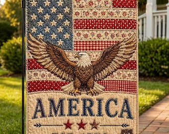 Quilt Style American Flag Garden Flag, Eagle Patriotic Yard Decor, Est. 1776 Banner