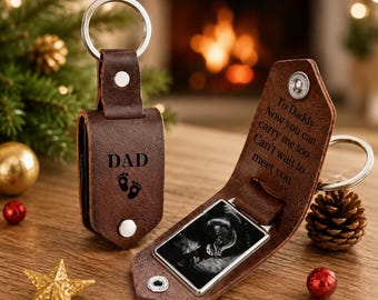 Personalized Mens Leather Keychain with Photo, Metal Tag Photo Keychain, Engraved key chain, Gifts for Dad, Anniversary Gifts for Him