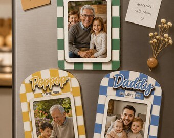 Checkered Photo Fridge Magnet, Custom Picture Frame, Fathers Day Gift for Dad Grandpa, PopPop Wood Frame, Family Keepsake Gift