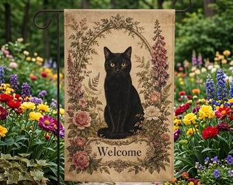 Vintage Black Cat Garden Flag Welcome Sign | Cottagecore Floral Cat Lover Decor | Botanical Outdoor Banner | Custom Yard Art Gift for Her