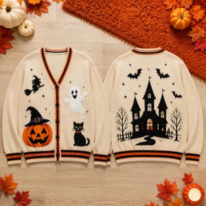 Knitted Halloween Cardigan, Haunted House Sweater, Spooky Season Gift for Her, Button Up V-neck, Pumpkin Ghost Cat, Front Back Design, Soft