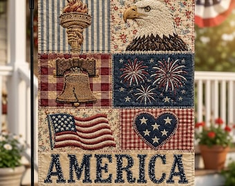 Patriotic Garden Flag: Customizable American Eagle, Liberty Bell, USA Flag Quilt Design